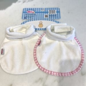 Two different colors of Bibby bibs - the patented baby bib with a collar